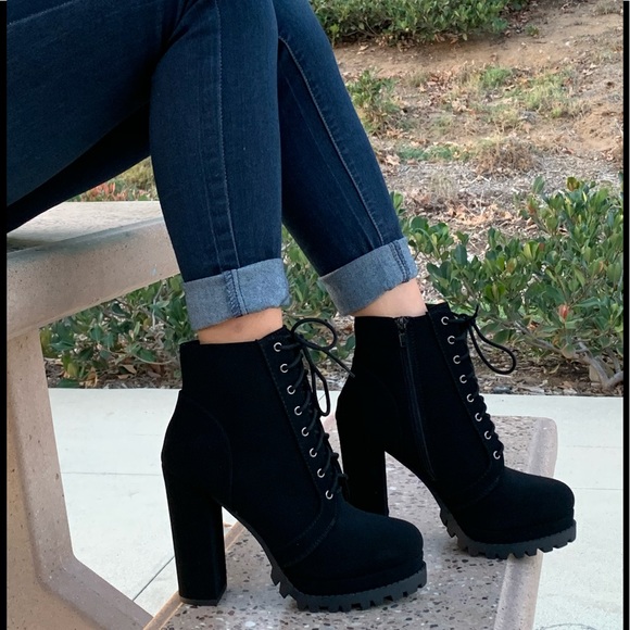 Shoes - Black Lace Up Lug Block Heel Ankle Boot